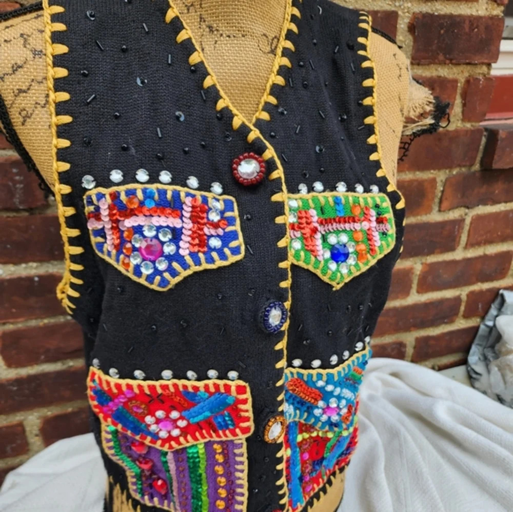 Michael Simon 90s Rare Festival HolidayVintage Bedecked vest - Picture 7 of 10
